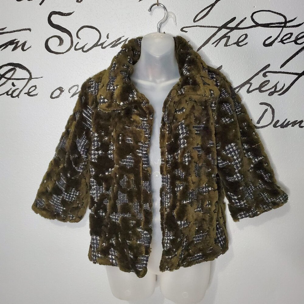 Isle By Melis Kozan Deep Olive Green Faux Fur & Houndstooth Cropped Jacket, S